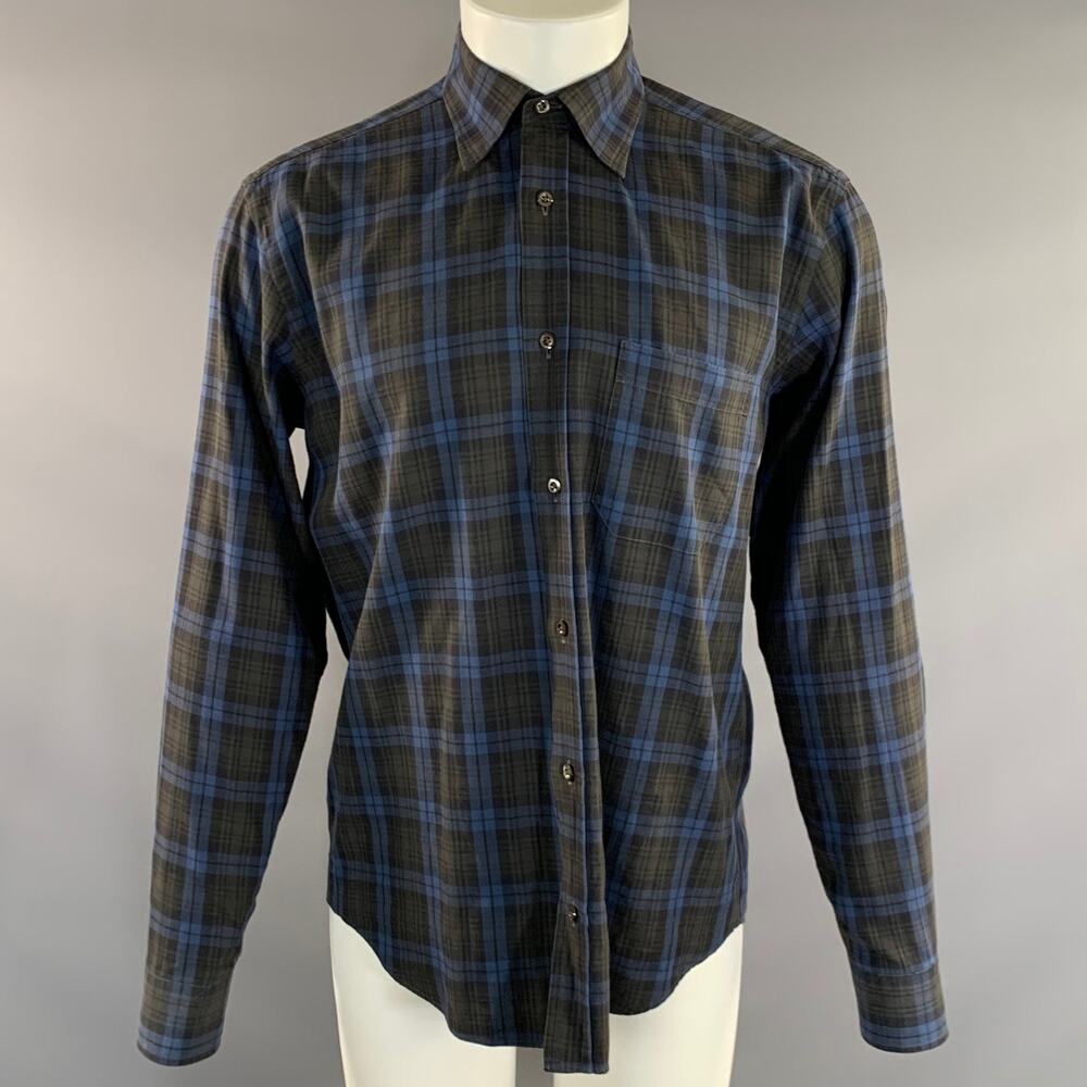 INIS MEAIN Size M Blue Brown Plaid Cotton Button Up Long Sleeve Shirt